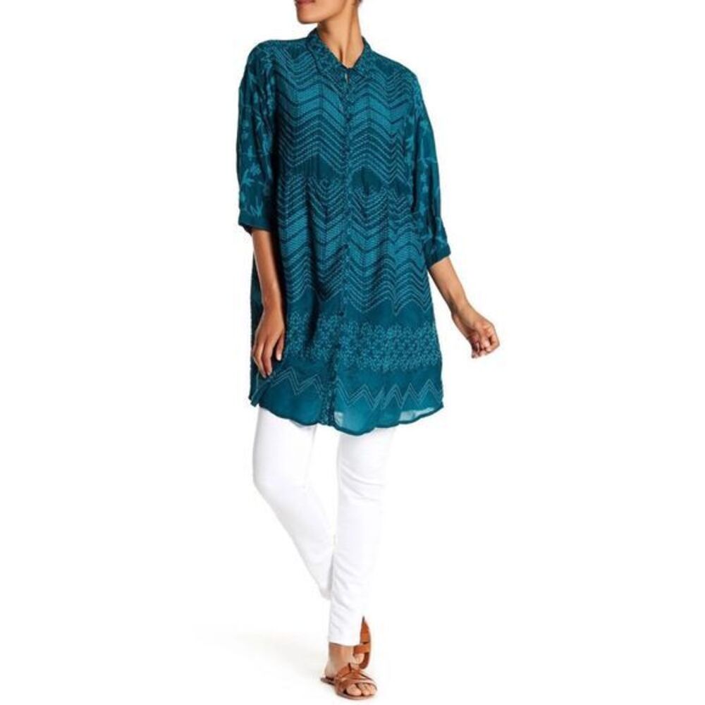 Johnny Was Blouse Top Long Tunic Floral Embroidered Teal Turquoise,‎ Size Small